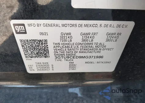 2021 GMC Sierra 1500 4Wd Short Box Elevation из США, поврежденный, VIN 3GTU9CED9MG371986